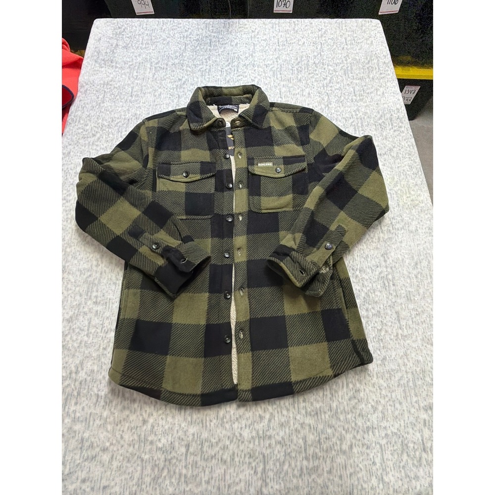 Burlebo Mens Micro Fiber Fleece Shacket Buffalo Plaid Green Black Sherpa Lined M